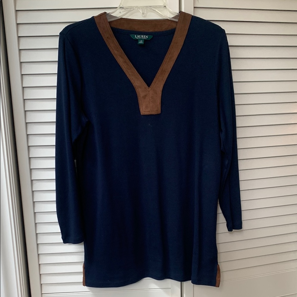 Lauren Navy 3/4 Sleeve Top with Faux Leather Trim